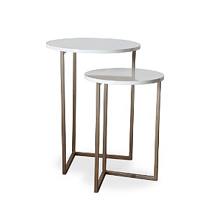 Duo De Mesas Lateral Dourada Com Tampo Branco Brilhante Base Triângulo