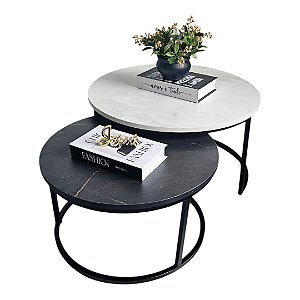 Duo de Mesas de Centro Kira Preta com MDF Preto Marmorizado e Branco Marmorizado