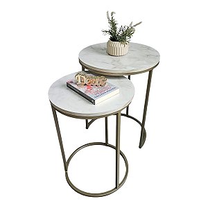 Duo De Mesas Lateral Champanhe Com MDF Branco Marmorizado