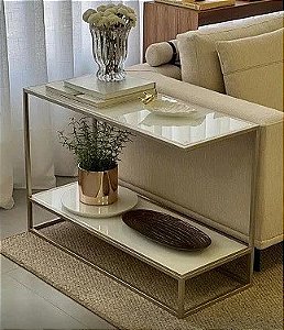 Mesa de Apoio Sofá Modelo Lara Champanhe com MDF Branco Brilhante