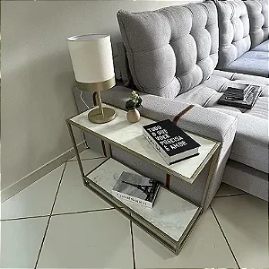 Mesa de Apoio Sofá Modelo Lara Champanhe com MDF Branco Marmorizado