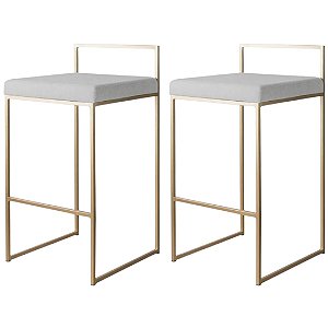 Kit com 2 Banquetas Lis Dourado com Assento em Linho Cru 70cm de Altura