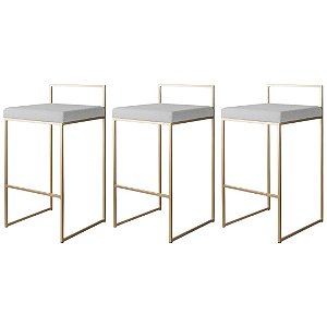 Kit com 3 Banquetas Lis Dourado com Assento em Linho Cru 45cm de Altura