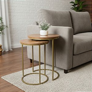 Duo De Mesas Lateral Dourada Com Tampo Freijó