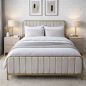 Cama de Ferro com Cabeceira Estofada King Champanhe 1,86x1,98