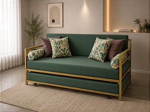 Sofa Cama Dourado com Estofado Verde