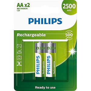 Pilha Philips Recarregável AAx2 HR6 Mignon Ni-MH 2500mAh