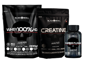 COMBO EMAGRECIMENTO BLACK | WHEY 100% 900G + CREATINA 100%PURE 500G + THERMO FLAME 60CP