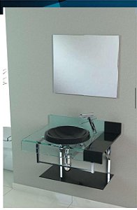 Conjunto Gabinete Lavatório Premium de Vidro Curvo 70x50cm 12mm Preto VB Cristais