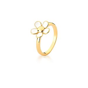 ANEL DE FLOR ESMALTADO BRANCO BANHADO A OURO