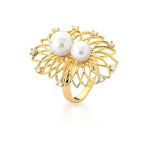 ANEL COM DUAS PÉROLAS SHELL BANHADO A OURO