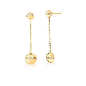 BRINCO PÊNDULO mEIA BOLA COM ZIRCÔNIAS BRANCAS BANHADO A OURO