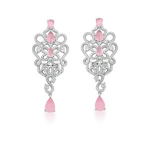 BRINCO PÊNDULO COM CRISTAIS FUSION ROSA BANHADO A RÓDIO BRANCO