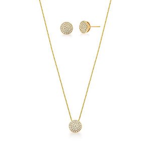 CONJUNTO BRINCO E CORRENTE COM PINGENTE REDONDO BANHADO A OURO
