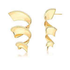 BRINCO ESPIRAL TRÊS VOLTAS CURVO LISO E CRAVEJADO BANHADO A OURO
