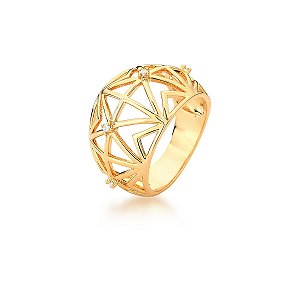 ANEL GEOMETRICO VAZADO E ZIRCÔNIAS BANHADO A OURO