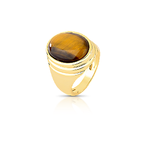 ANEL OVAL DE CRISTAL OLHO DE TIGRE BANHADO A OURO