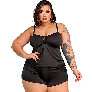 Short Doll  Laura Plus Size Em Liganete Liso Preto