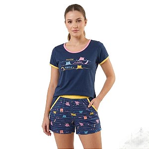 Pijama Feminino Com Manga Em Malha Gatinhos Azul Sleep 184