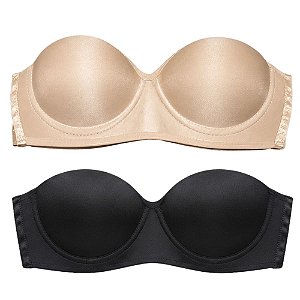 Kit 2 Sutiã sem Alça Poliamida com Bojo em 3 Fechos Tiras Elásticas Cor Básica