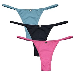 Kit 3 Calcinhas Tanga Ana Tira Fio Cores Sortidas com Detalhe em Strass e Poliamida