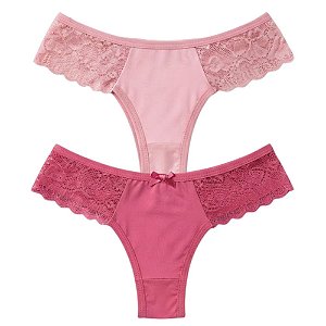 Kit 2 Calcinhas Fio Duplo com Detalhe em Renda Cores Sortidas Poliamida