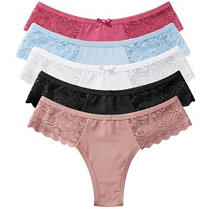 Kit 5 Calcinhas Fio Duplo com Detalhe em Renda Cores Sortidas Poliamida