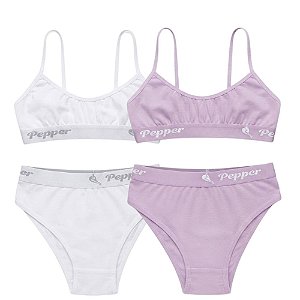 Kit 2 Conjuntos Calcinha e Sutiã Juvenil Infantil Algodão com Elastano Cores Sortidas Pepper