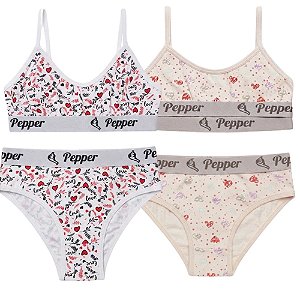 Kit 2 Conjuntos Calcinha e Sutiã Juvenil Infantil Algodão Estampas Sortidas Pepper