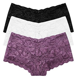Kit 3 Shorts Caleçon Sensual Rendado Poliamida com Elastano Cores Sortidas