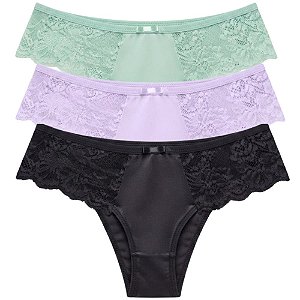 Kit 3 Calcinhas Tanga Renda nas Laterais com Laço Frontal Cores Sortidas