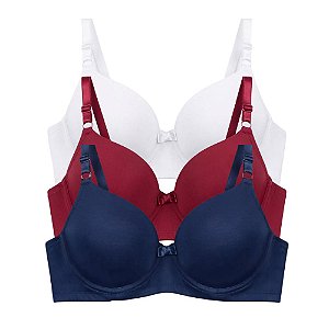 Kit 3 Sutiã Liso Básico Cores Sortidas Alça Regulável com Bojo Laço Frontal