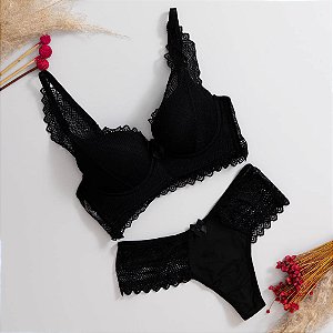 Conjunto Sutiã Meia-Taça Com Bojo E Calcinha Fio Duplo Em Renda