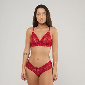 Conjunto Em Renda Sutiã Meia-Taça Sem Bojo e Calcinha Fio
