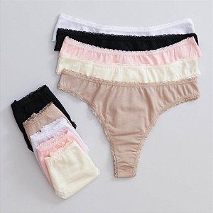 Kit Com 10un - Calcinha Fio Dental Detalhes Renda Em Cotton