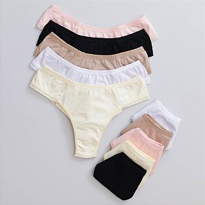 Kit Com 10un - Calcinha Fio Dental Lateral Detalhes Renda Em Cotton