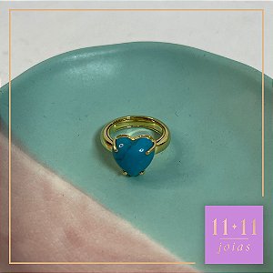 ANEL CORAÇÃO TURQUESA PRATA 950 COM BANHO DE OURO