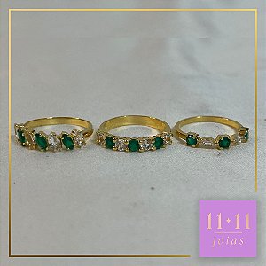 MEIA ALIANÇA TOPÁZIO INCOLOR E CRIOPRASIO PRATA 950 COM BANHO DE OURO