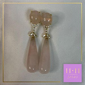 BRINCO DE QUARTZO ROSA E TOPÁZIO INCOLOR PRATA 950 COM BANHO DE OURO