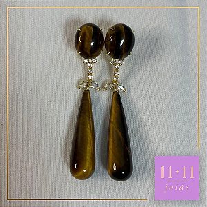 BRINCO EM OLHO DE TIGRE E TOPÁZIO INCOLOR PRATA 950 COM BANHO DE OURO