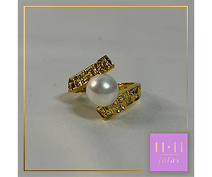 ANEL PÉROLA SHELL TOPÁZIO INCOLOR PRATA 950 COM BANHO DE OURO