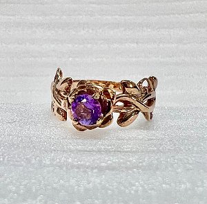 ANEL ROSA AMETISTA PRATA 950 COM BANHO DE OURO