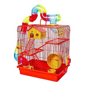 GAIOLA PARA HAMSTER TUBO SUPER LUXO 3 ANDARES VERMELHA