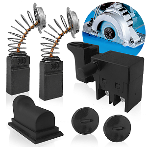Interruptor + Protetor + Escova de Carvão + Jogo de Tampa Serra Mármore Compativel Makita