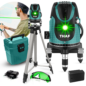 Nível Laser 05 Linhas Verde Recarregável Base Giratória Thaf