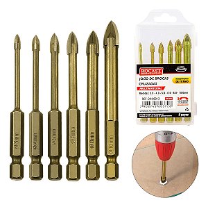 Jogo 6 Broca Titânio De Vidro Cerâmica 3 A 10mm Sextavada Ponta Cruzada