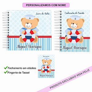 Kit Livro + Caderneta + Porta Documentos Urso Marinheiro Azul Claro