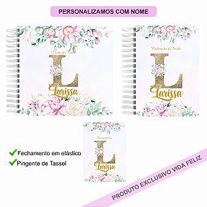 Kit Livro + Caderneta + Porta Documentos Floral Inicial Dourado