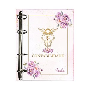 Fichário Personalizado Contabilidade Dourado e Rosa Floral