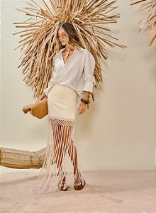 Saia Canelada Boho Chic Com Franjas Longas